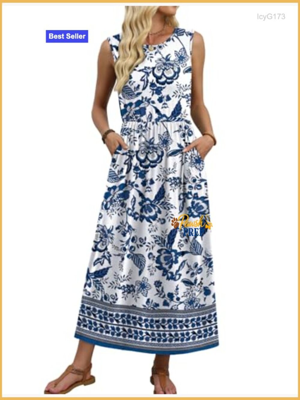 Maxi Sundress with Pockets, Elastic Waist, Flowy A-Line Summer Dress - Picture 3 of 5